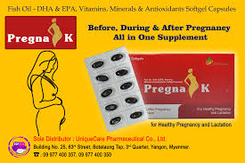 Pregna K - Fish Oil - DHA &amp; EPA Vitamins - Minerals &amp; Antioxidants Softgel Capsules (10 Softgels) (ကိုယ်ဝန်ဆောင်နှင့်နို့တိုက်မိခင်များအတွက််ြဖည့်စွက်အားဆေး)